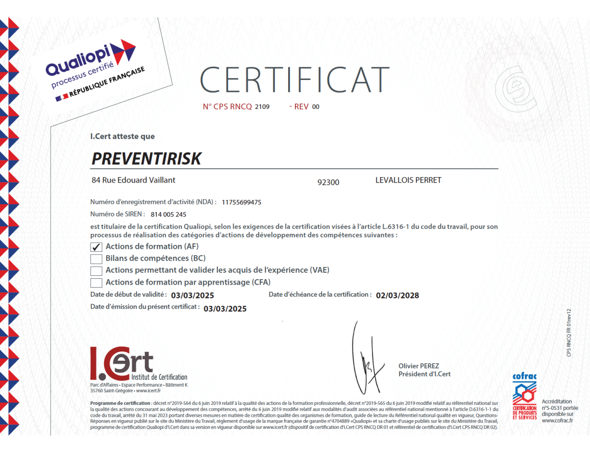 certificat QUALOPI PREVENTIRISK