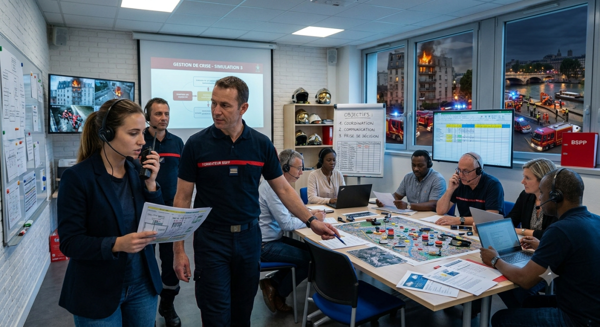 un formateur pompier qui accompagne les stagiaires en formation gestion de crise