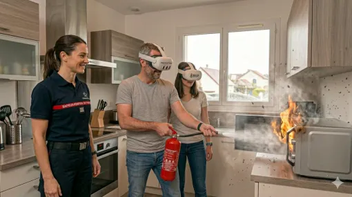 image représentant une formatrice sapeur pompier en train de former un couple directement chez eux à l'incendie