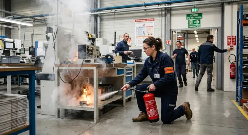 extinction d'un départ de feu en entreprise par une femme qui manipule un extincteur